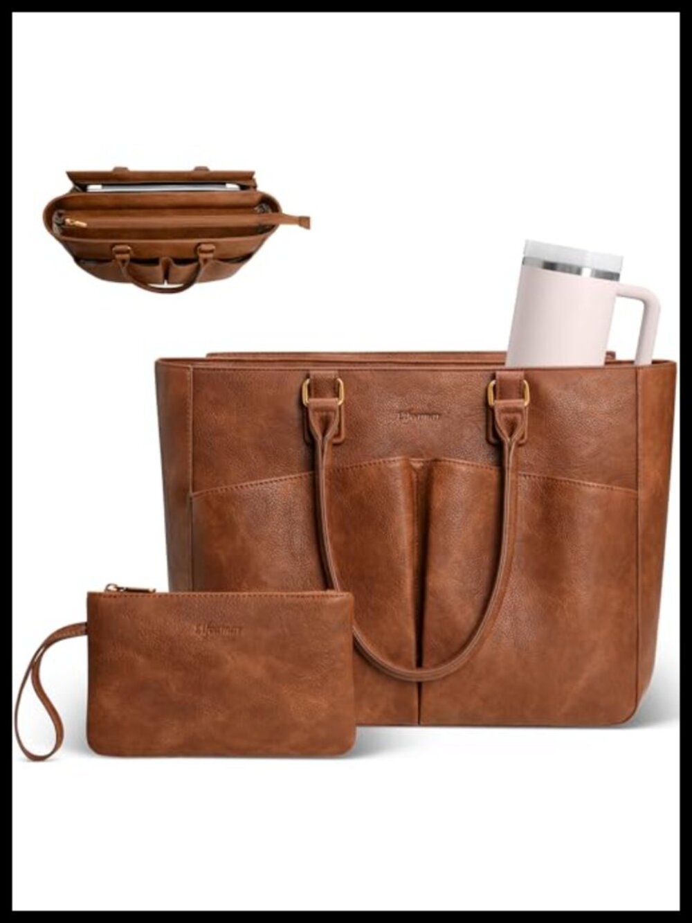 Women's Leather Laptop Tote Bag Padded Compartment Office Work Briefcase Cup